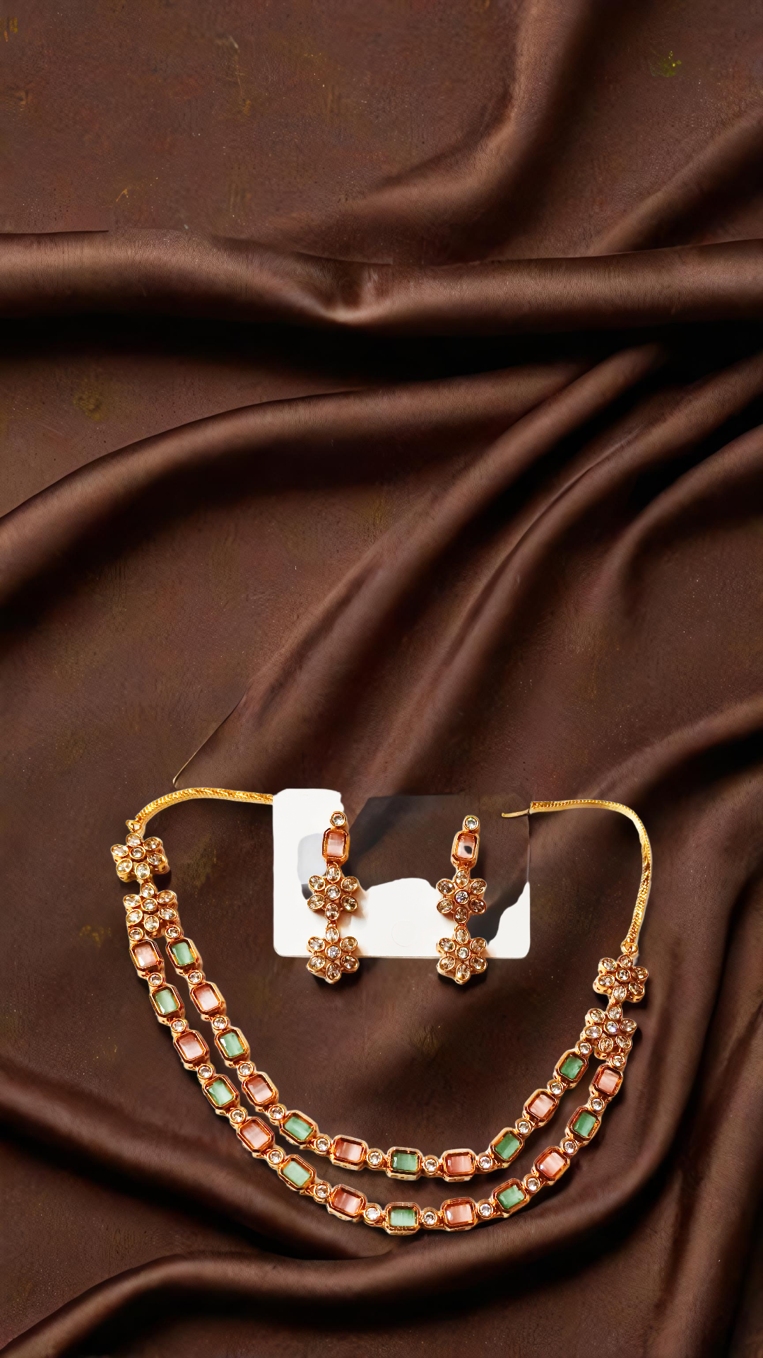 aqua and pink stone combination 2layer necklace set