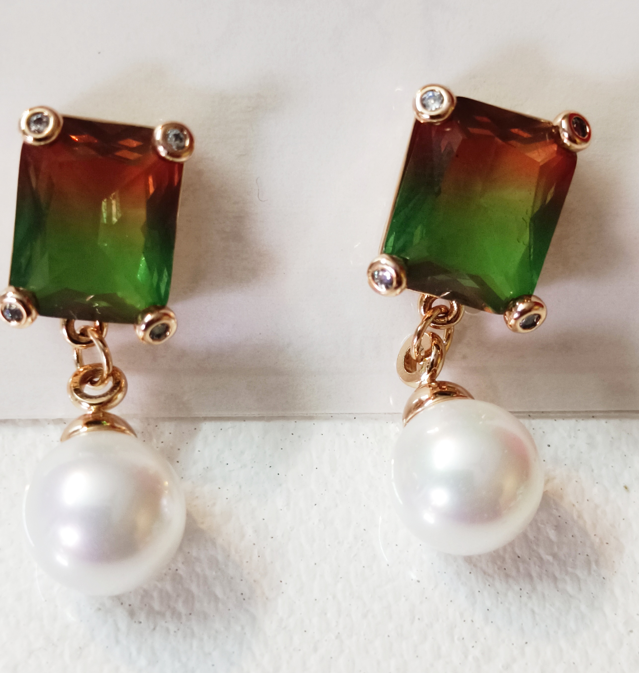 Elegant Gemstone and Pearl Drop Earrings,duel color stone with aqua pearl beads demifing earings