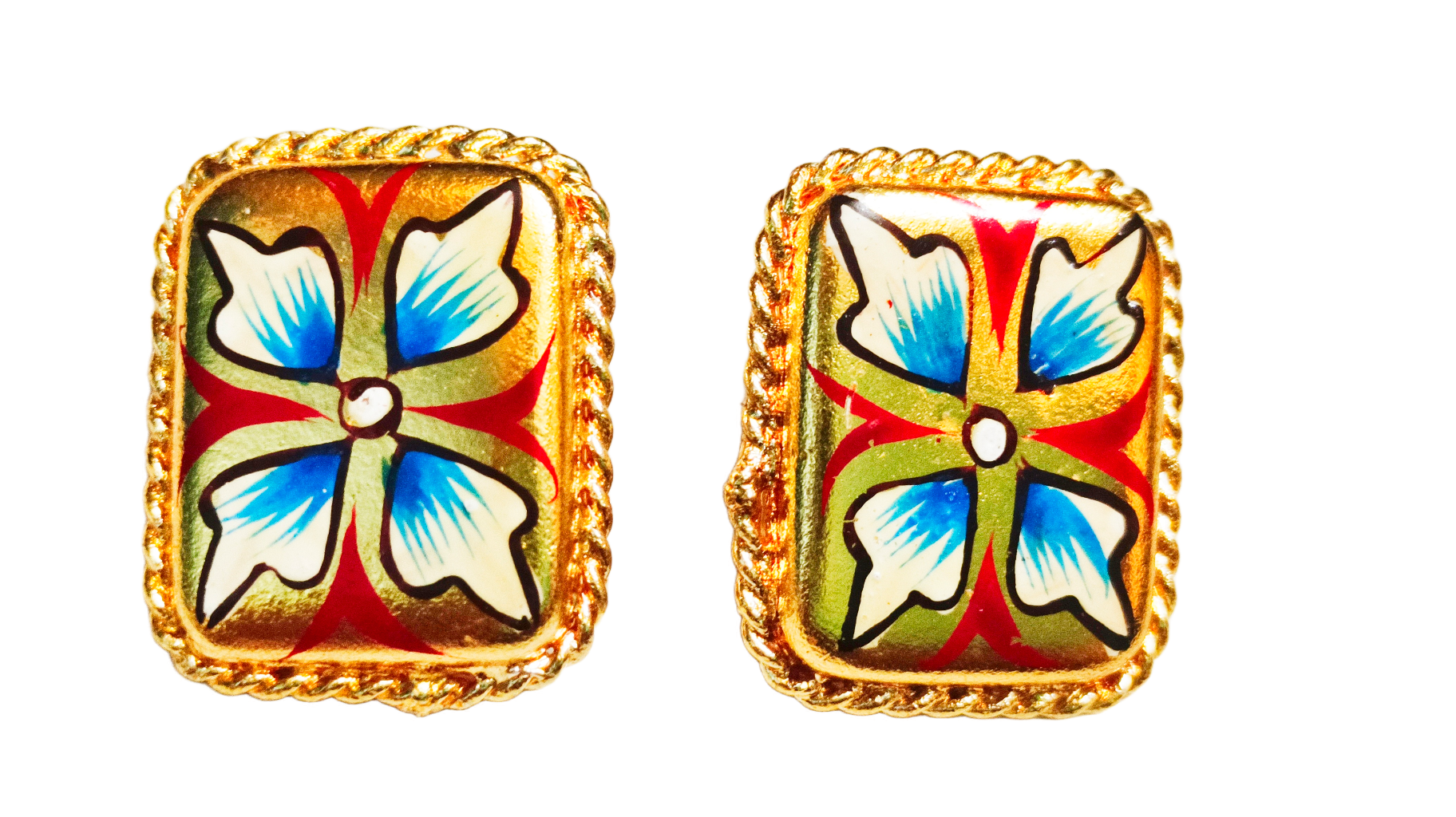 Vintage Enamel Floral Cufflinks,brass earings stud Tanjore painting
