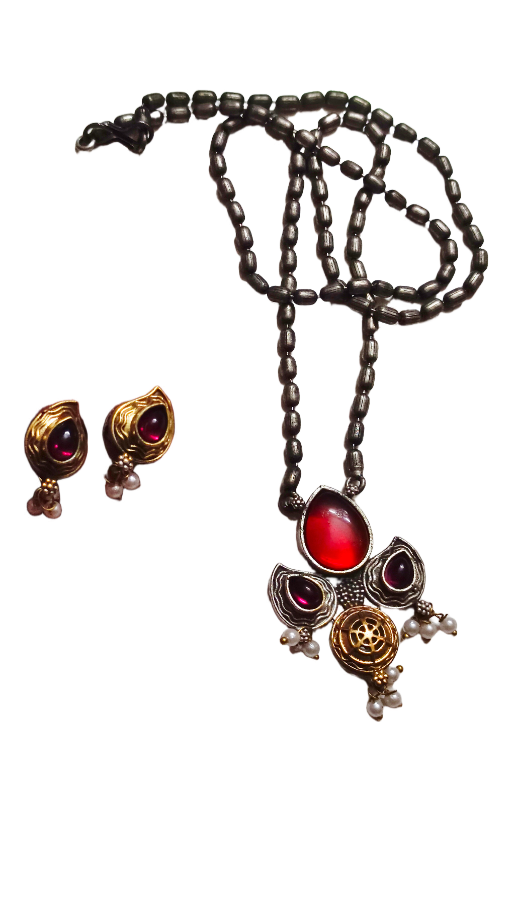 primium quality matar mala with dual tone pendent earings set