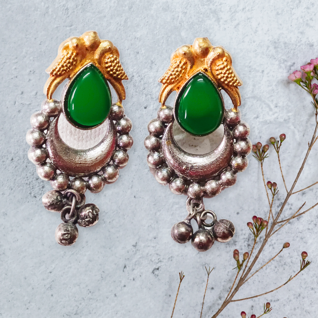 Antique Silver Earrings with Green Stone,dual tone green monalisa stone studed earings