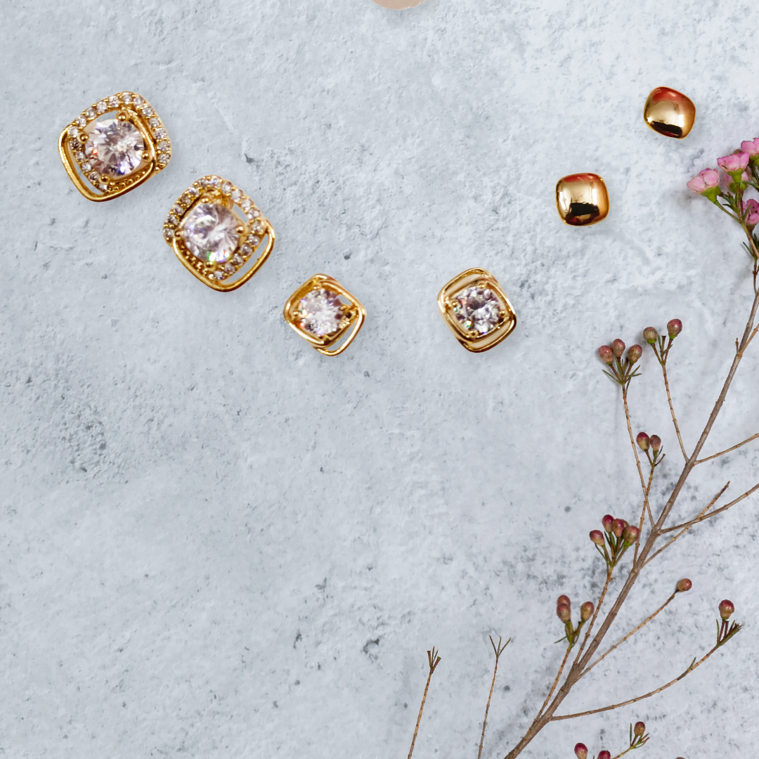 Gold-plated cubic zirconia stud earrings set,3earings in one card