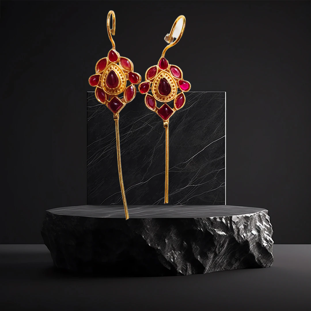 Elegant Ruby Gold Earrings,monalisa stone studed pin bugardi golden polish
