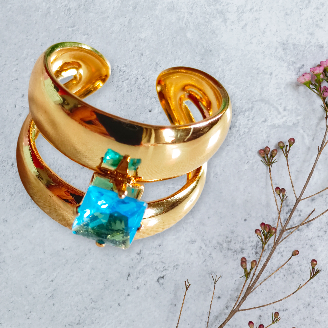 Gold-Plated Cuff Bracelet,two layer sky stone studed finger ring