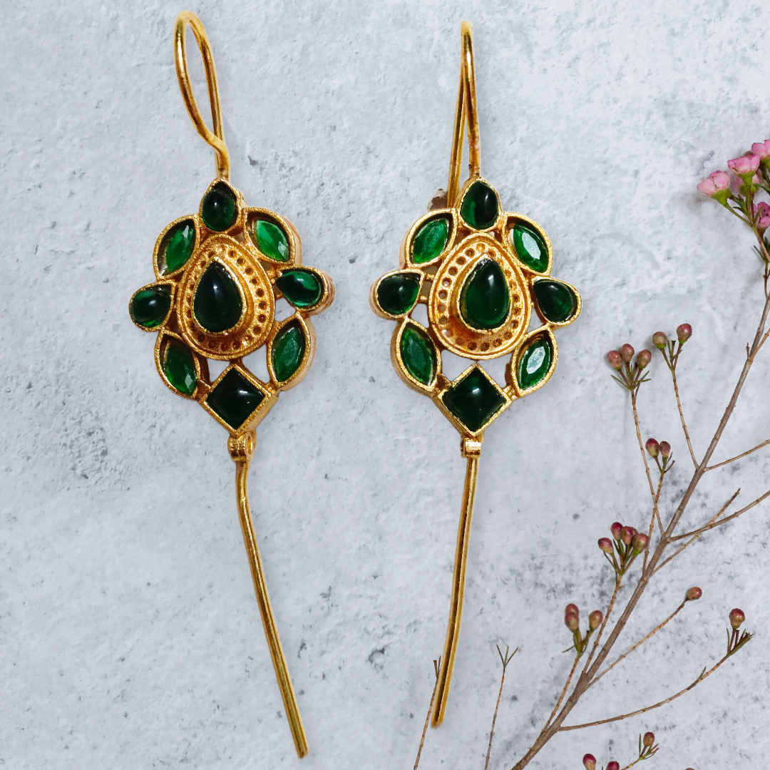 Handcrafted Green Gemstone Earrings, monalisa stone studed trendy pin bugardi