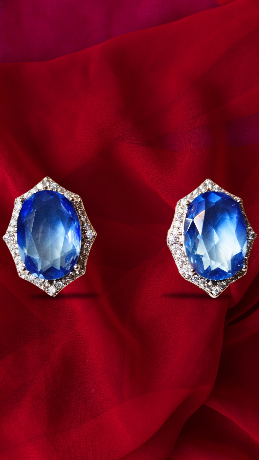 Elegant Blue Gemstone Earrings,Blue Sapphire Crystal Stud Earrings, Hexagonal Border,elegant looking stud, DEMI FYING JEWELLERY SET