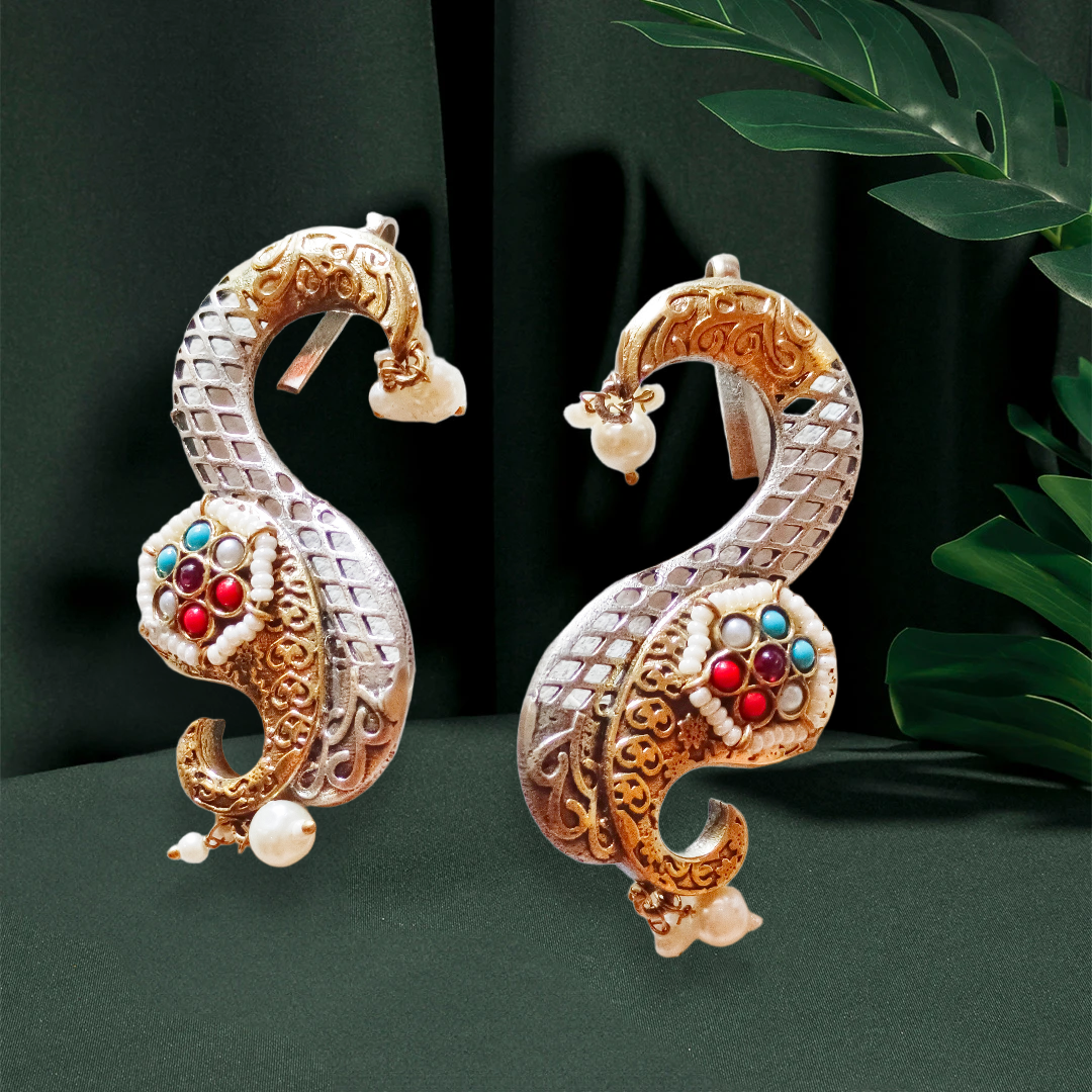 Antique Peacock Design Earrings,dual polish kalka shape naba ratna dtuded