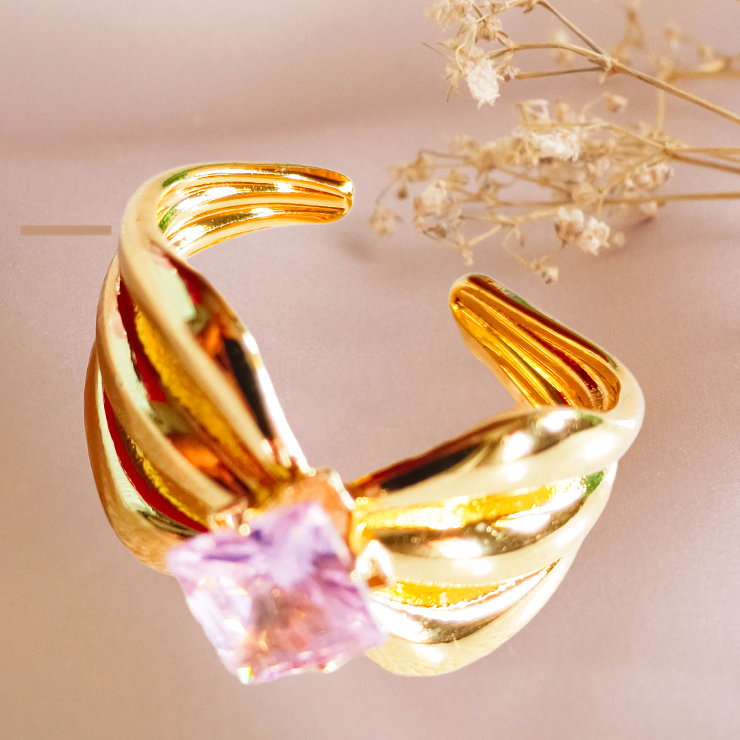 Gold-Plated Ring with Pink Gemstone,crown shaped anti turnish adjustable finger ring