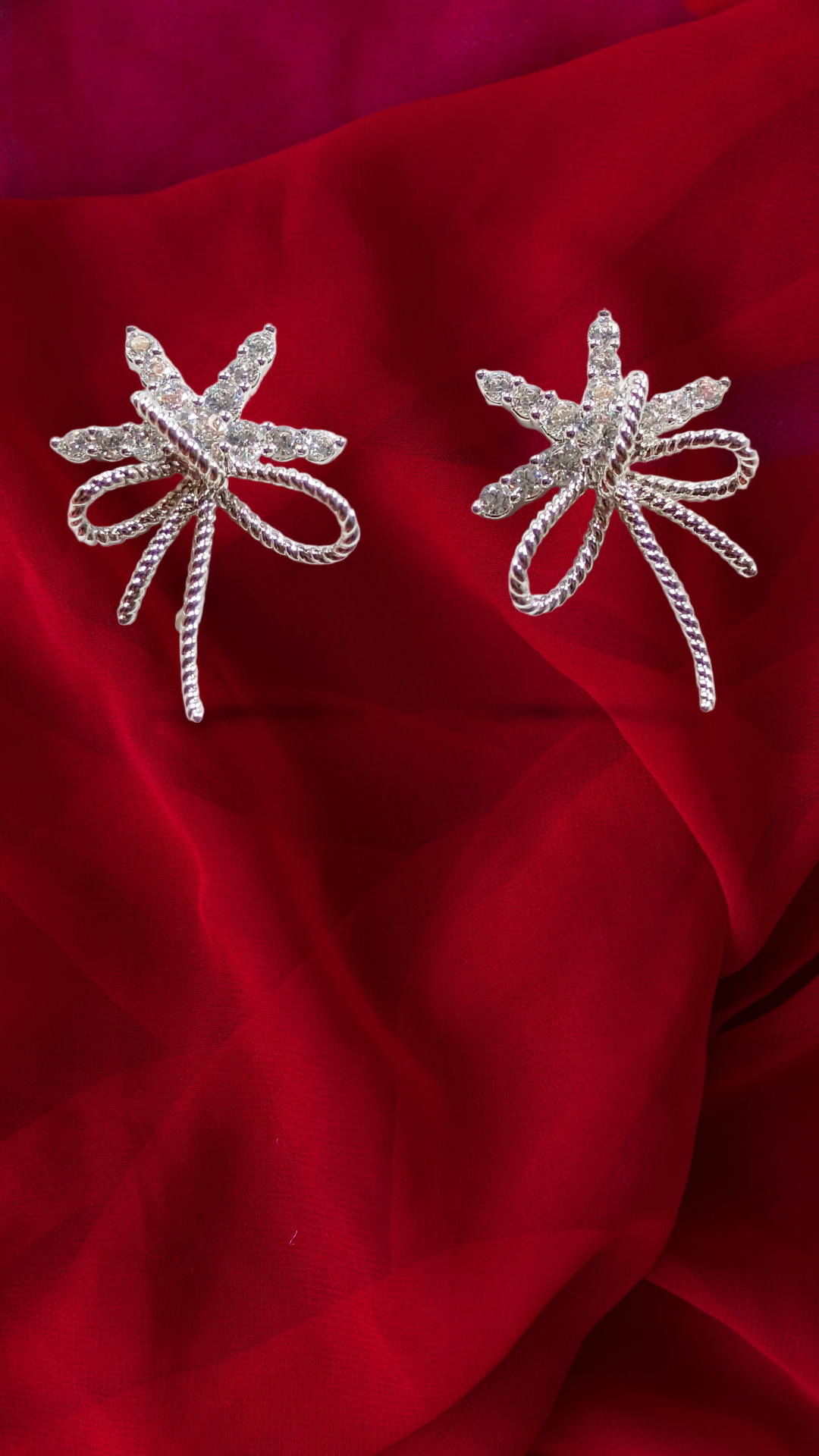 Silver Bow Earrings,stone studed bow shaped demifing earings