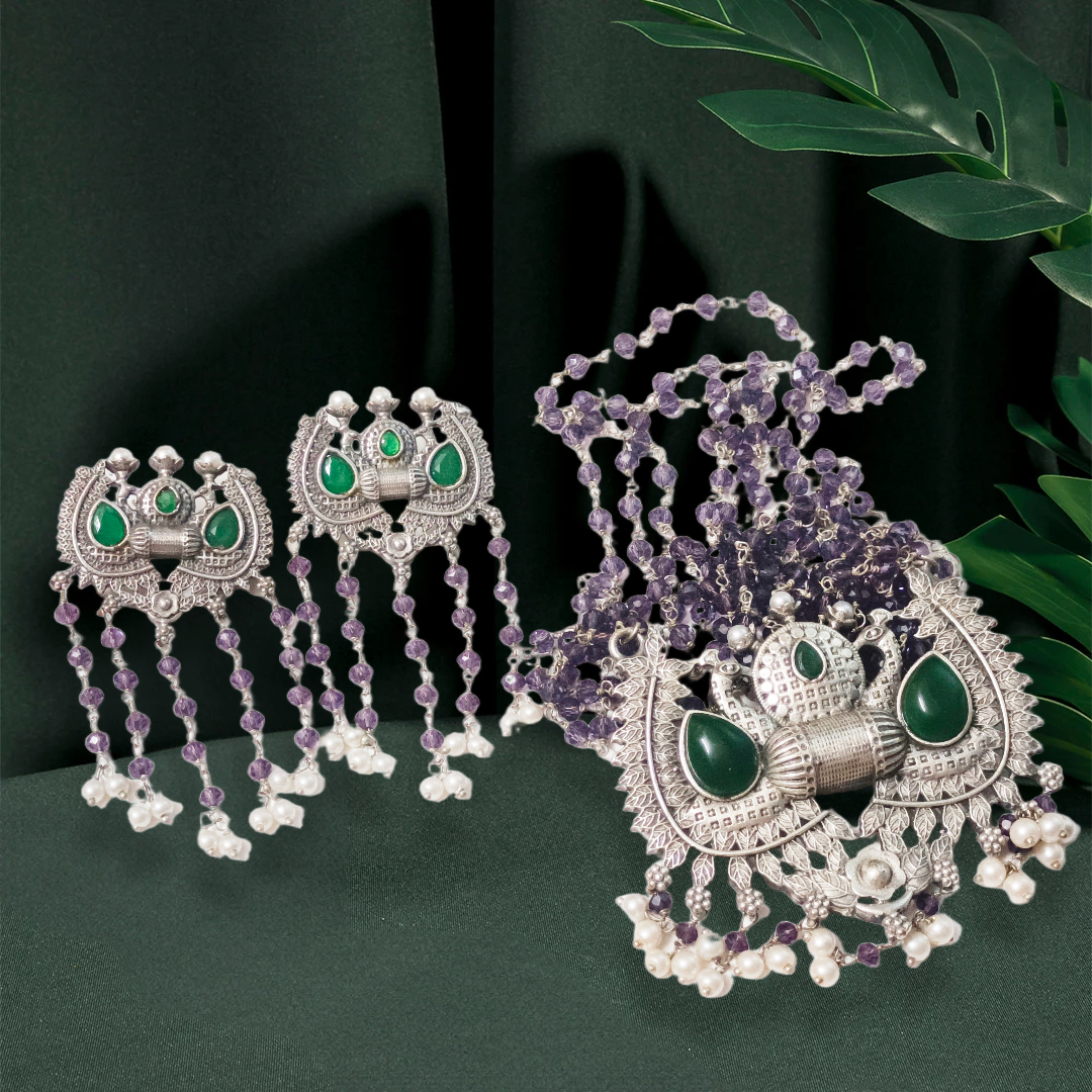 Handcrafted Silver Jewelry Set,peacock motif crystal chain pendant set.. primium quality