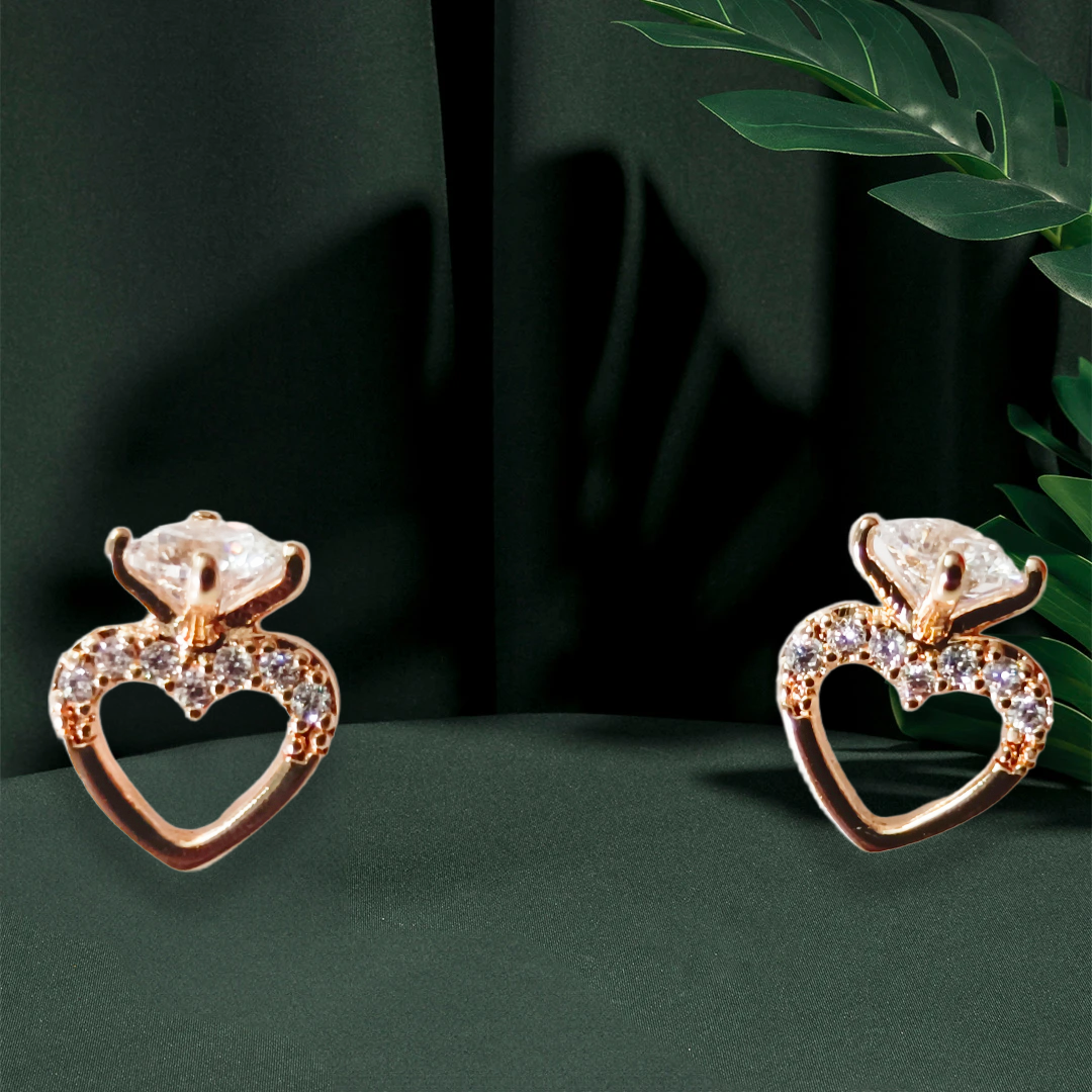 Gold Heart-Shaped Stud Earrings,heart shape,ad studed with solitaire crystal crown headed demifing ear studs, DEMI FYING JEWELLERY COLLECTION