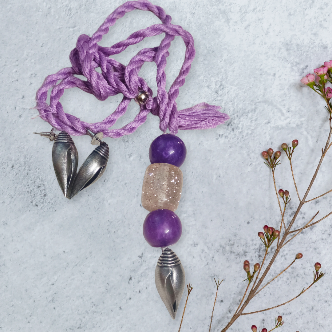 Handmade Amethyst Necklace & Earring Set,primium quality silver replica thread pendent set