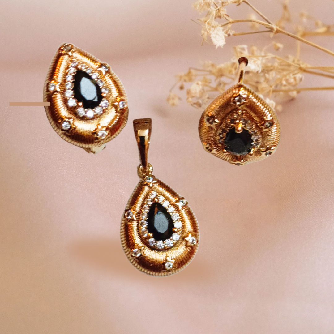 Elegant Teardrop Jewelry Set,,black crystal stone and studed pendent earings set