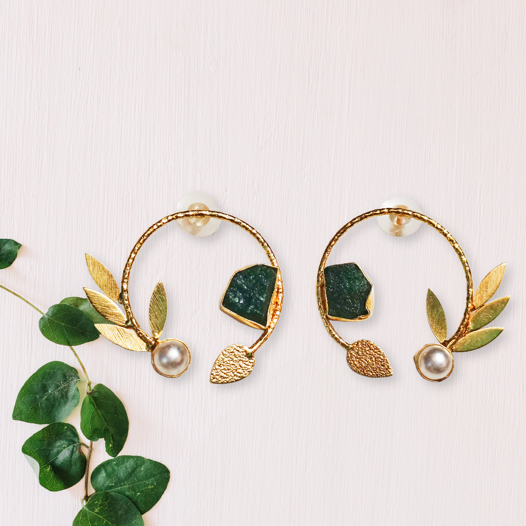 Gold Leaf Hoop Earrings,elegant looking brass earrings with natural stone