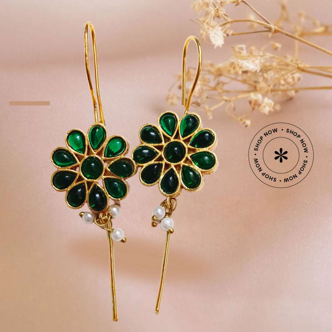 Emerald Green Floral Earrings, monalisa stone studed demifing golden polish pin bugardi