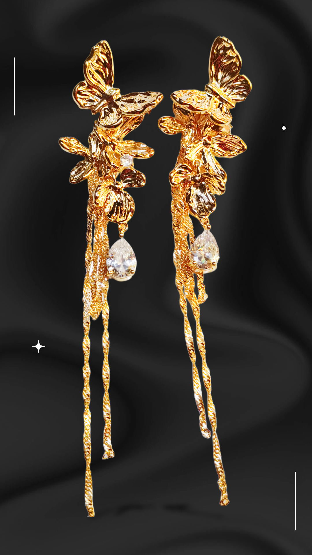Gold Butterfly Drop Earrings,long earrings with solitaire cz stone,, DEMI FYING JEWELLERY COLLECTION