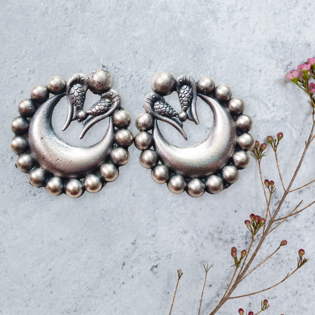 Antique Silver Peacock Jhumki Earrings,solid silver replica primium quality earings stud