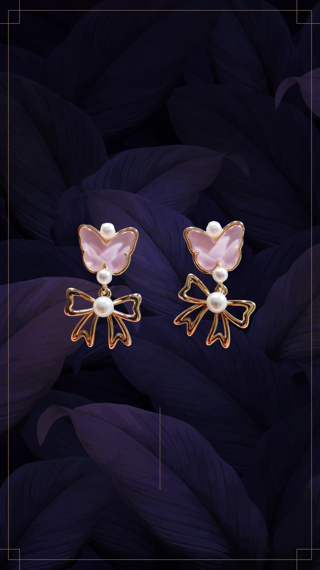 Butterfly Pearl Bow Earrings,baby pink studed butterfly with hanging bow demifing earings