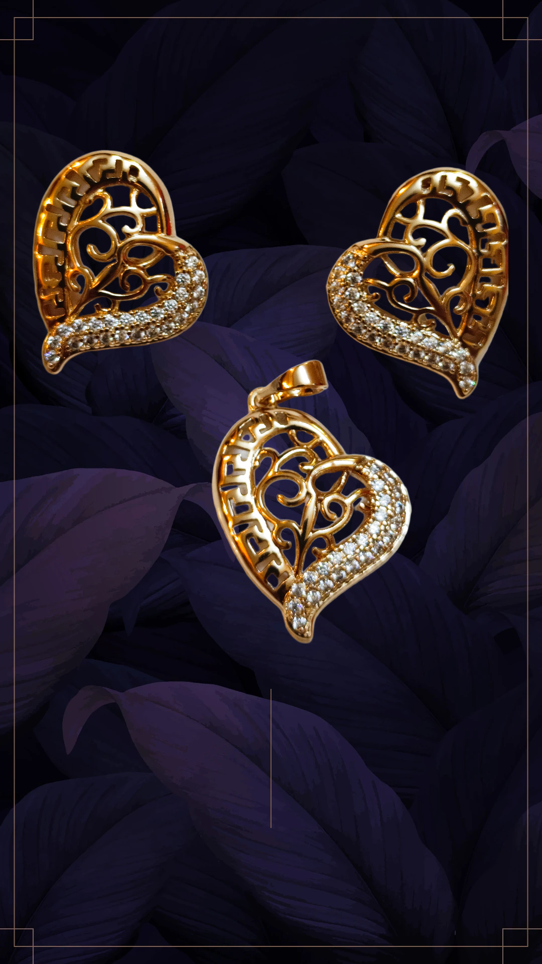 Golden Heart Jewelry Set,mandala heart shape pendant earrings set demifing