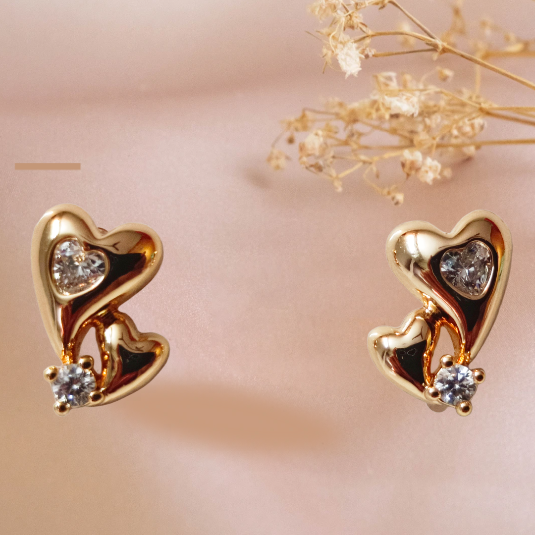 Golden Heart Crystal Earrings,double love shape with ad studed demifing earings