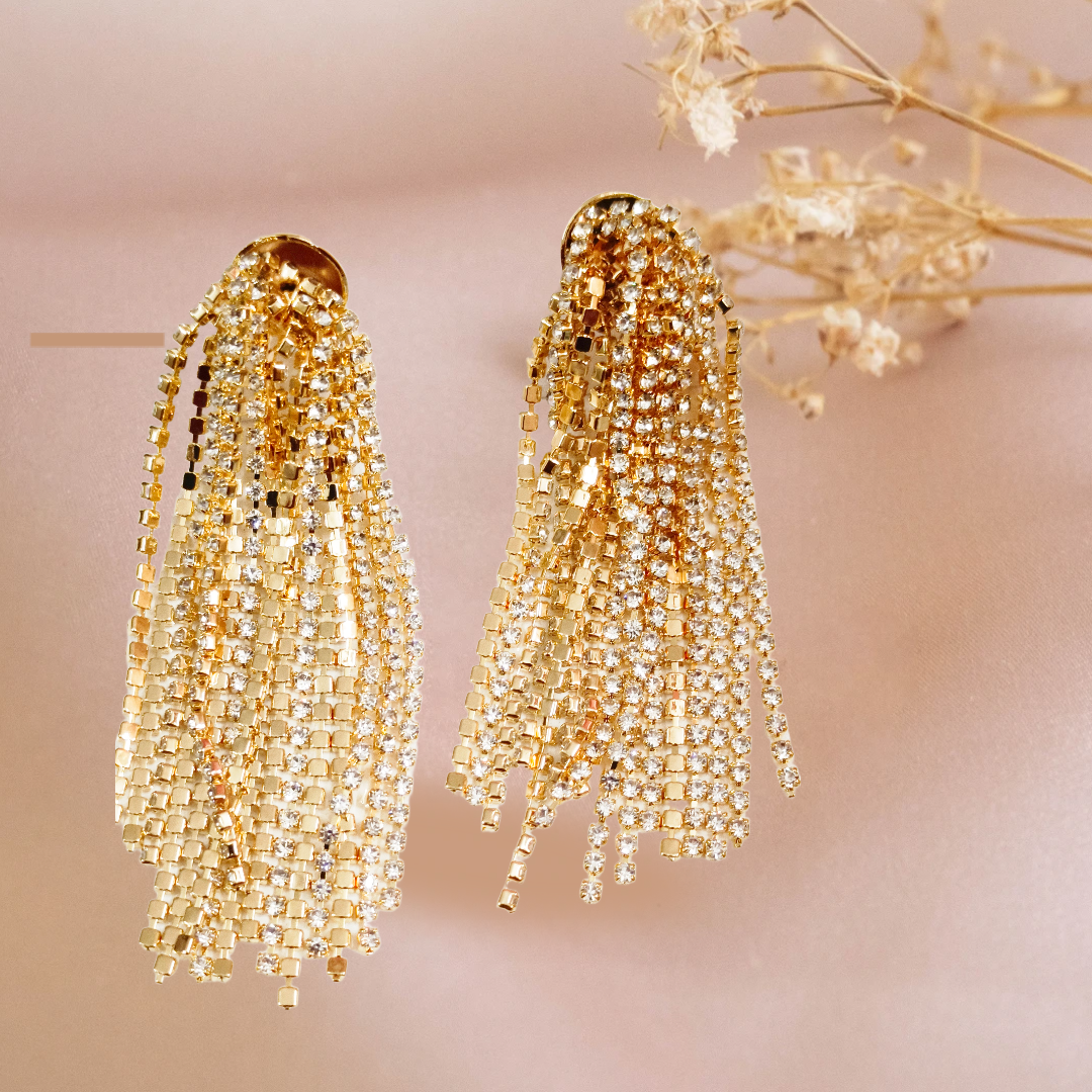 Gold Fringe Rhinestone Earrings,stone studed chains hanging demifing earings