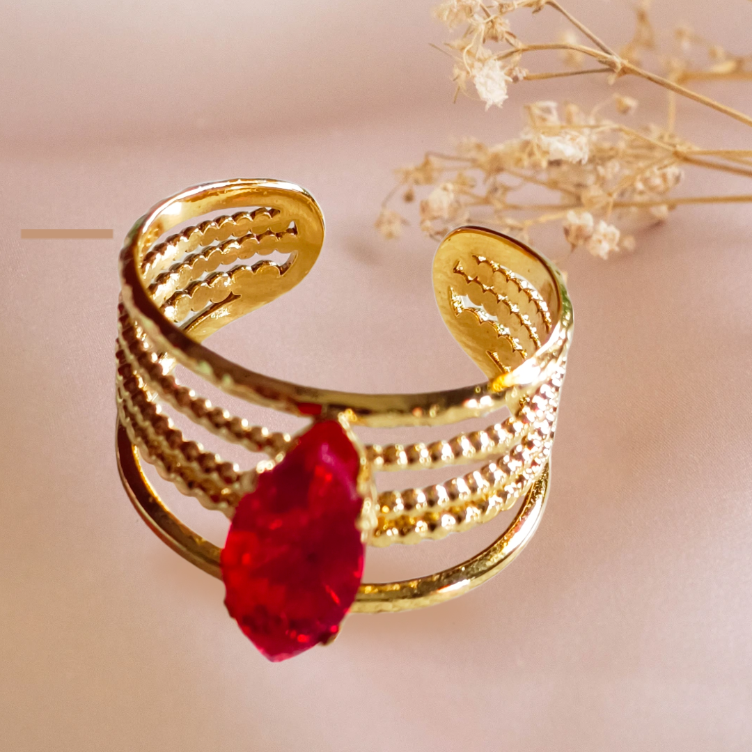 Adjustable Ring with Red Gemstone,drop shape red stone studed four layer anti turnish adjustable finger ring