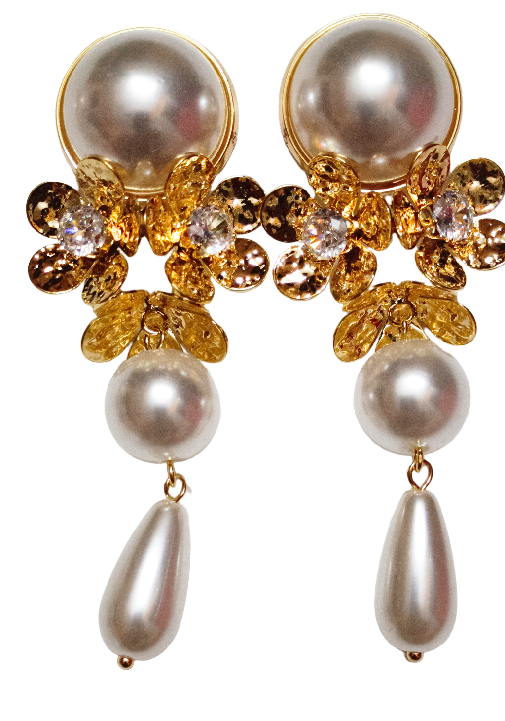 Elegant Floral Pearl Drop Earrings,solitaire studed flower motif with pearl like beads long demifing earings