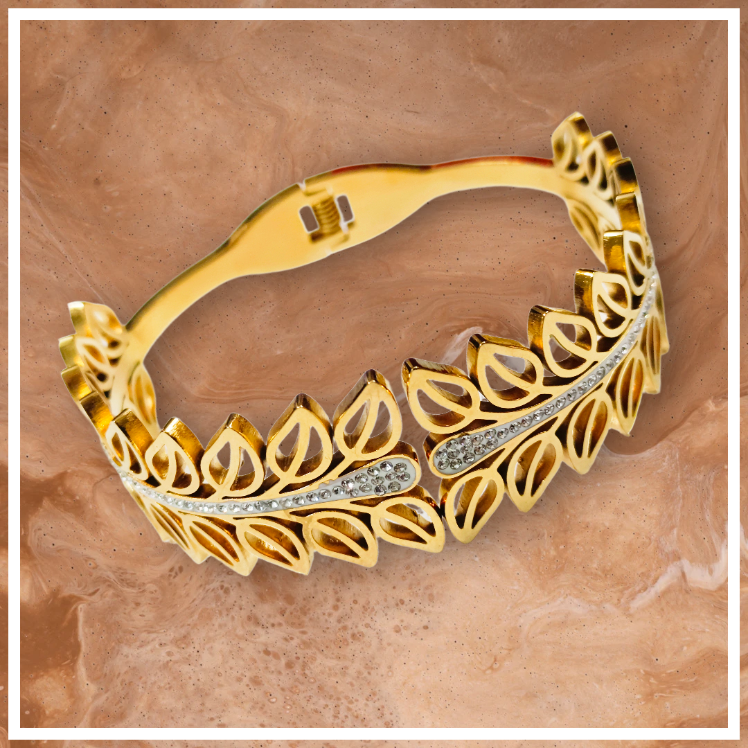 Elegant Gold Leaf Bracelet,Designer Crystal Leaf Bangle Bracelet, Fashion Jewellery for Women,trendy leaf motif with ad studed front open bracelet, DEMI FYING JEWELLERY COLLECTION
