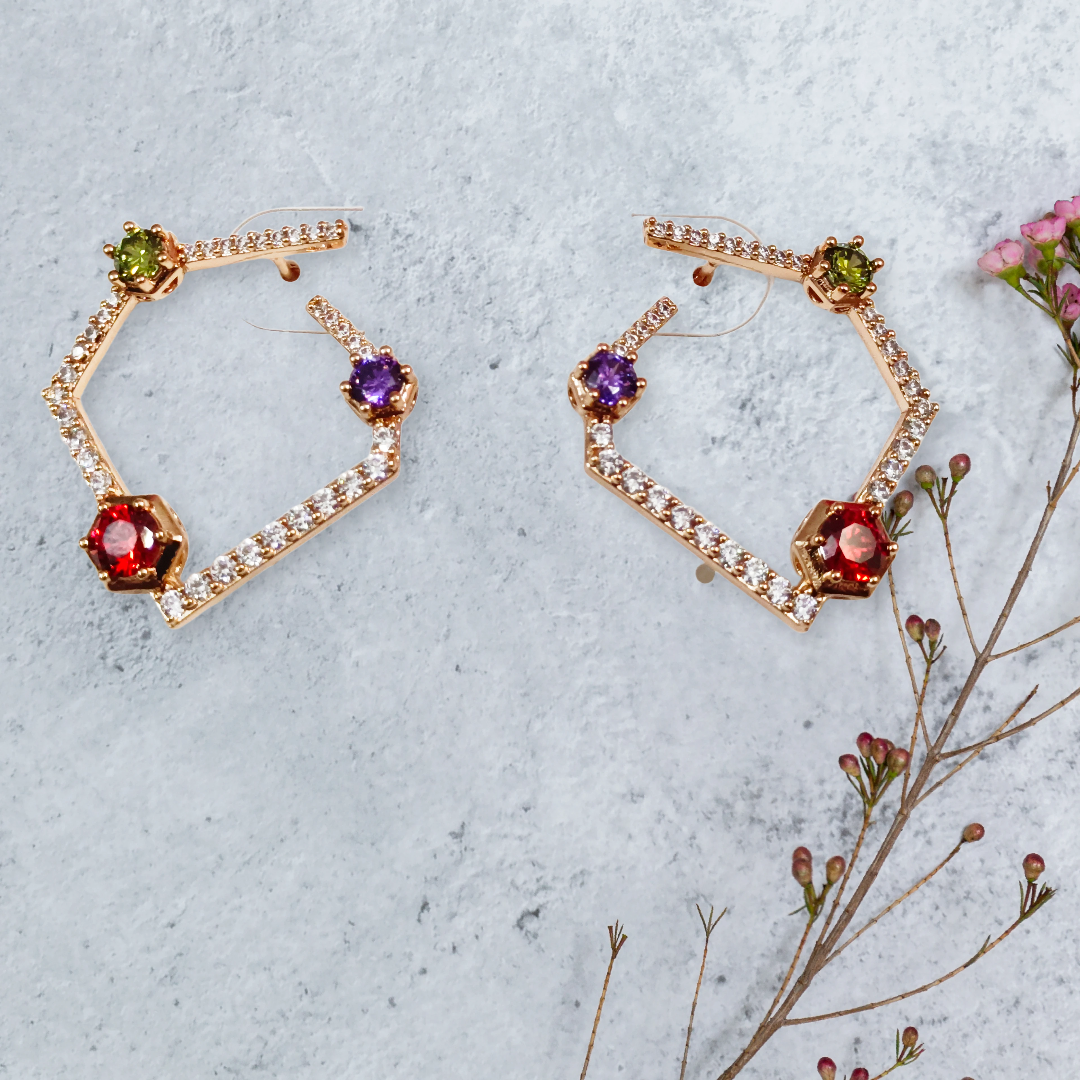 Geometric Gold-Plated Gemstone Earrings,cz stone studed demifing earings anti turnish