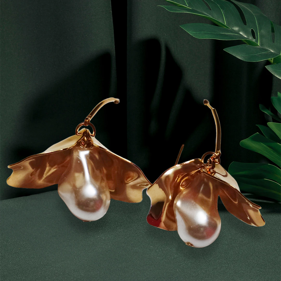 Gold Orchid Pearl Drop Earrings,tatement hoops,anti turnish, DEMI FYING JEWELLERY