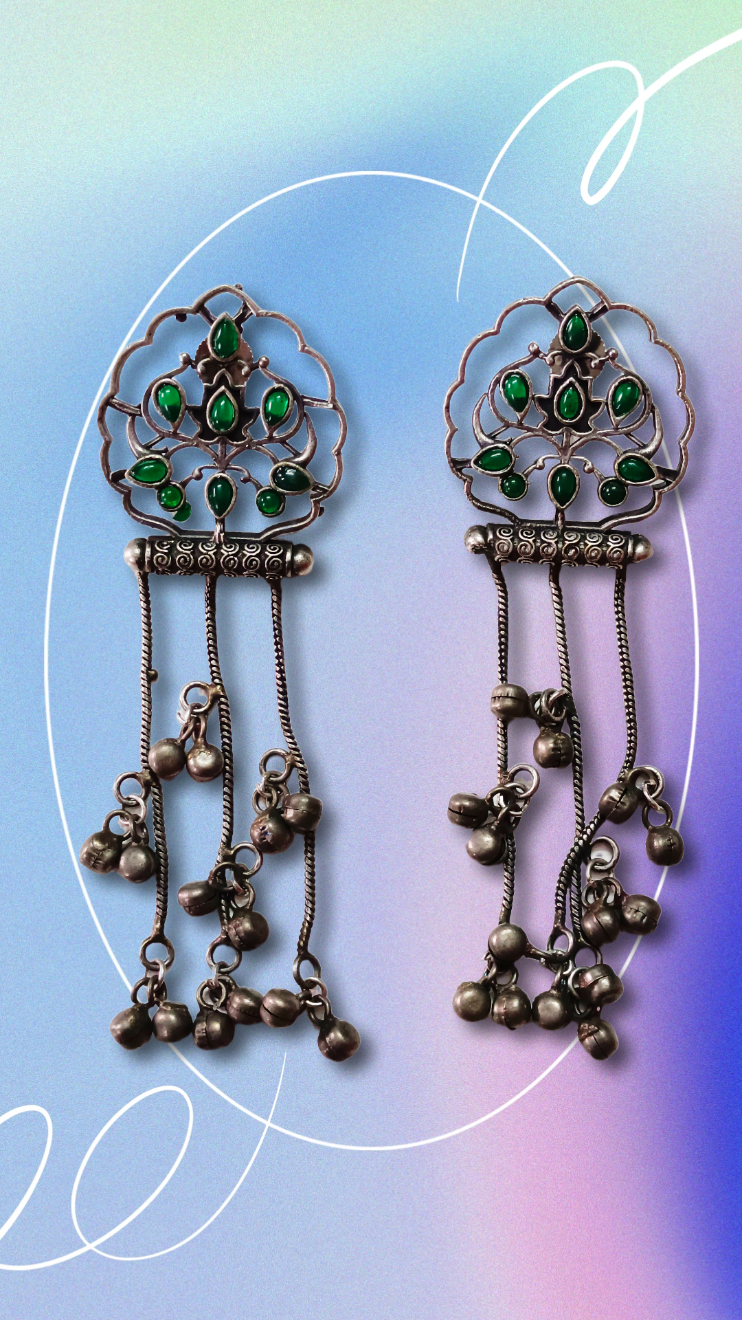 Antique Silver Earrings with Green Gemstones,monalisa stone studed jhafri work kashmiri style long earrings with antique polish