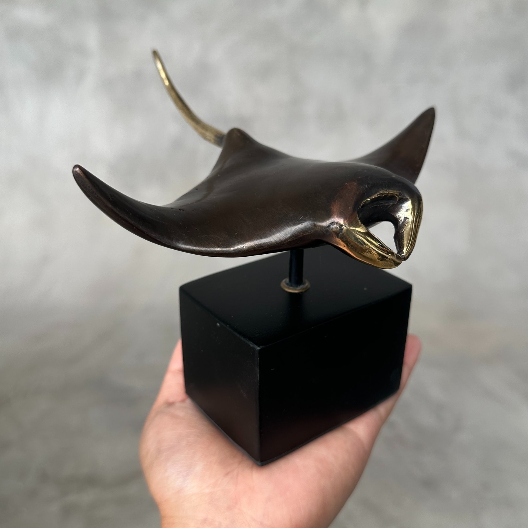 Bronze Manta Ray Sculpture on a Stand with Golden Accents - 11 cm 