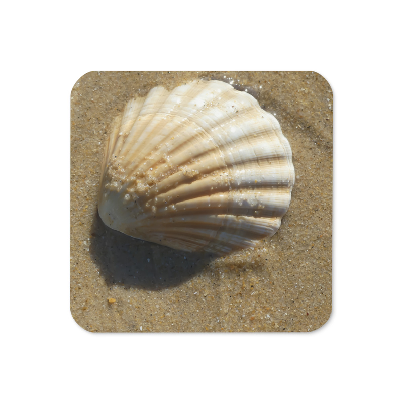 Sous-verre en liège Coquille Saint-Jacques sur le sable – Photographie macro | Accessoire de table bord de mer