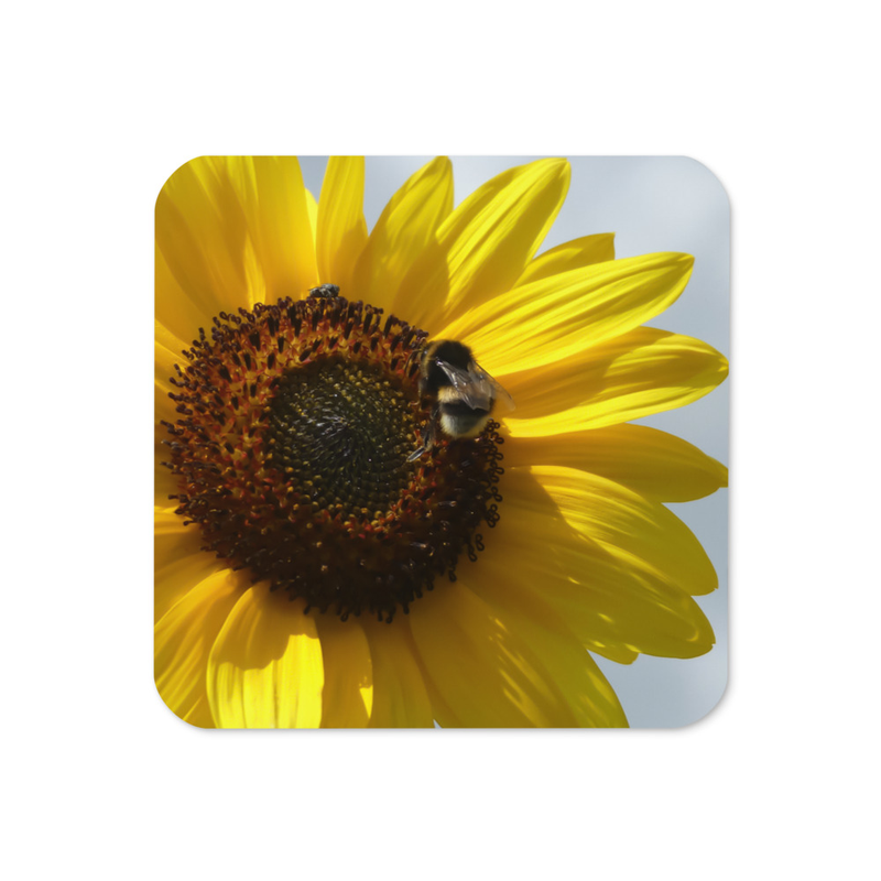 Sous-verre en liège Bourdon sur Tournesol – Photographie Macro Nature – Décoration Florale – Cadeau Original