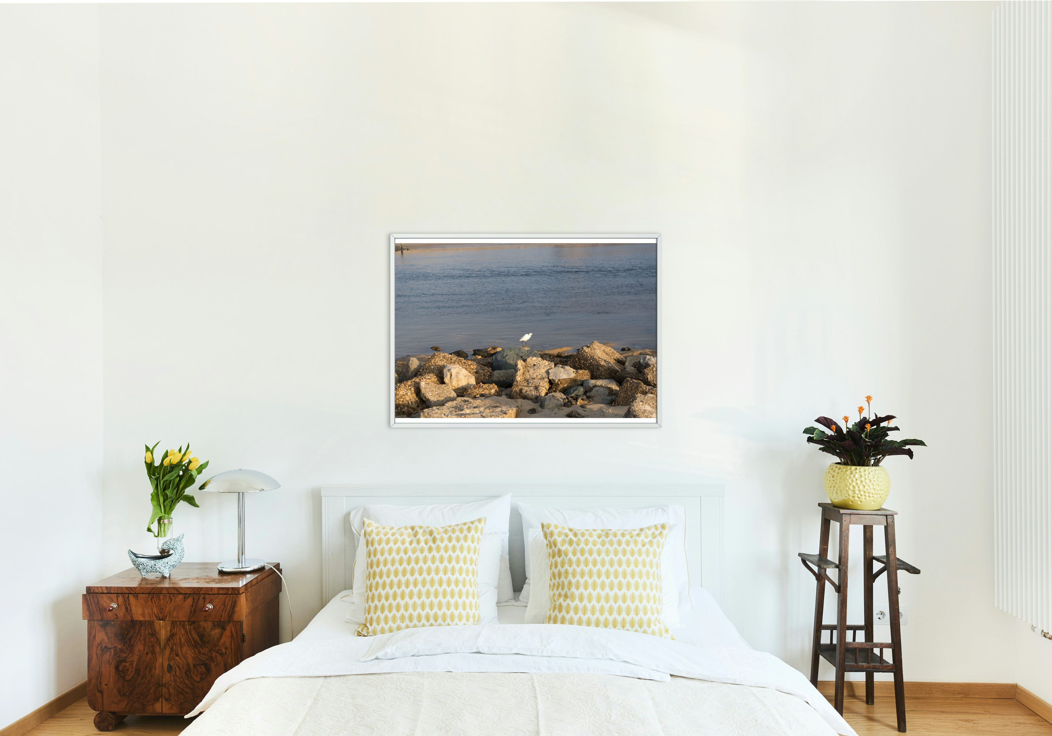 Photo d’art – Aigrette en gros plan sur rochers à Vieux Boucau