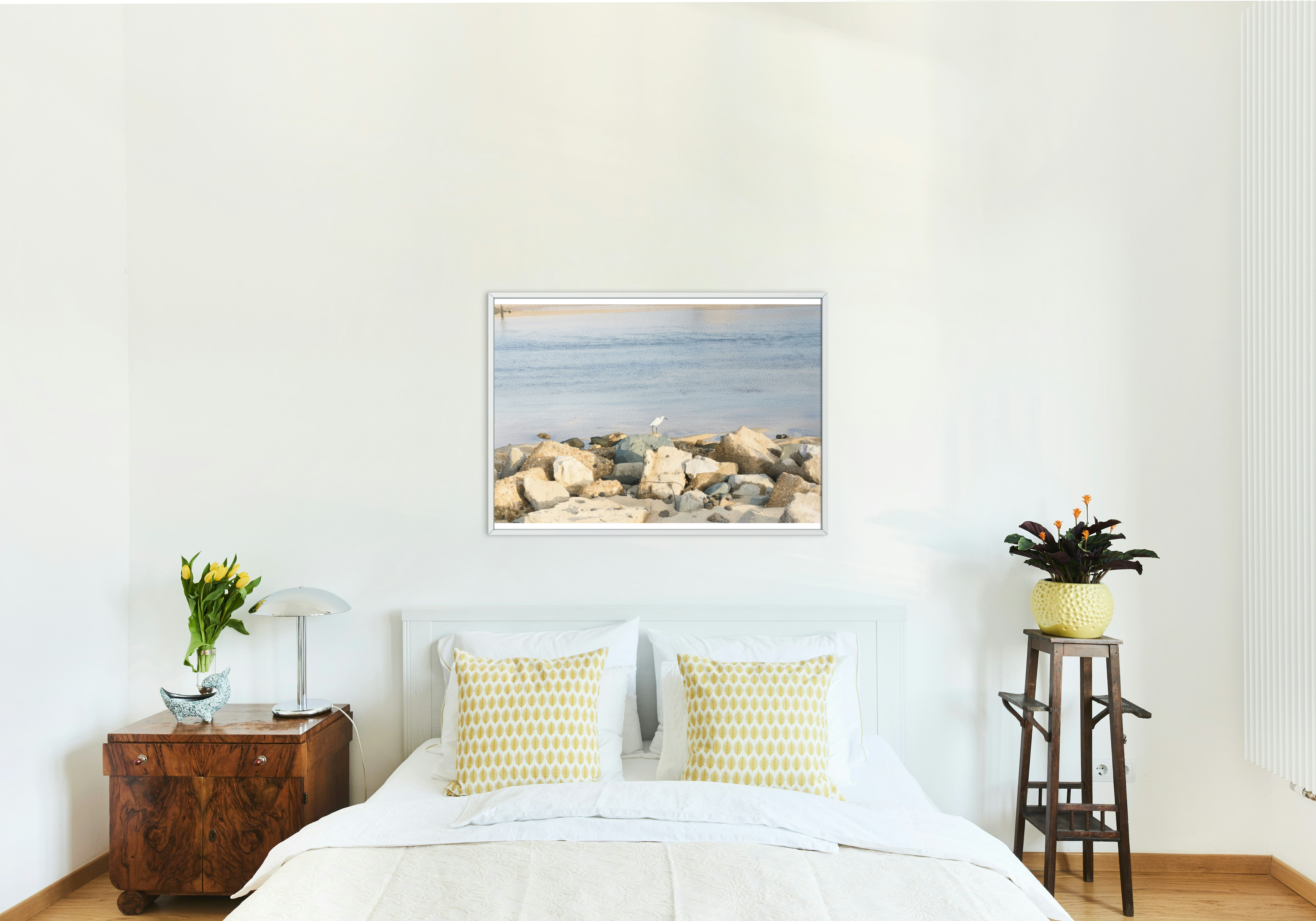 Aquarelle d’aigrette en gros plan sur rochers – Vieux Boucau, France