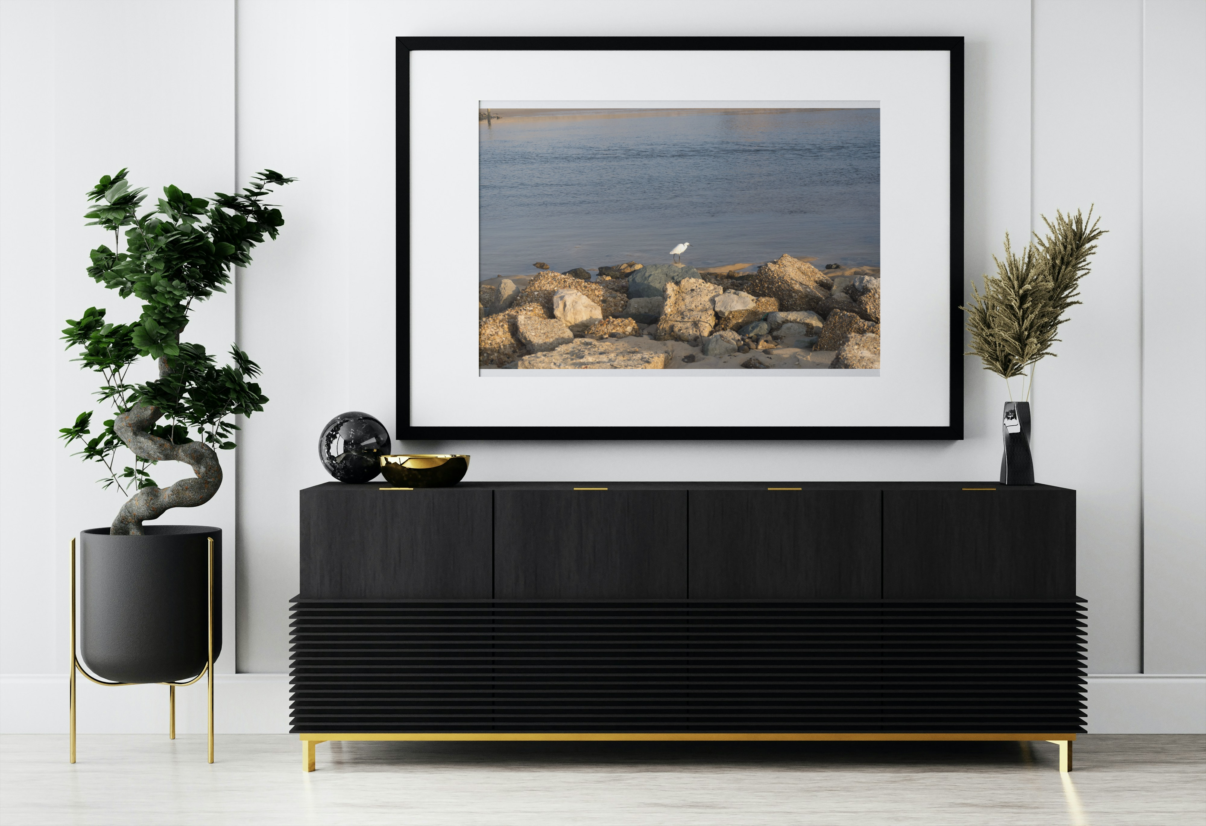 Photo d’art – Aigrette en gros plan sur rochers à Vieux Boucau