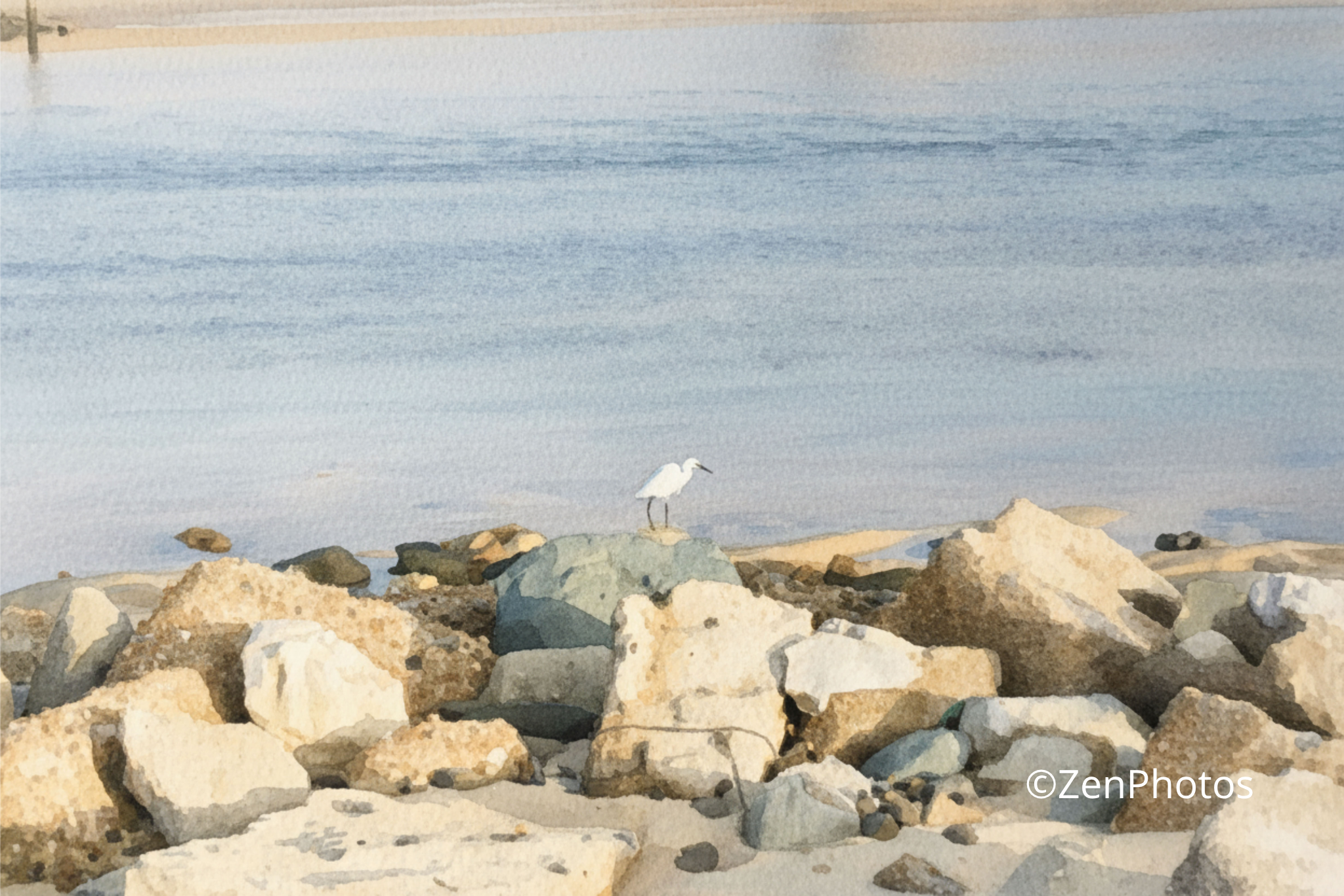 Aquarelle d’aigrette en gros plan sur rochers – Vieux Boucau, France