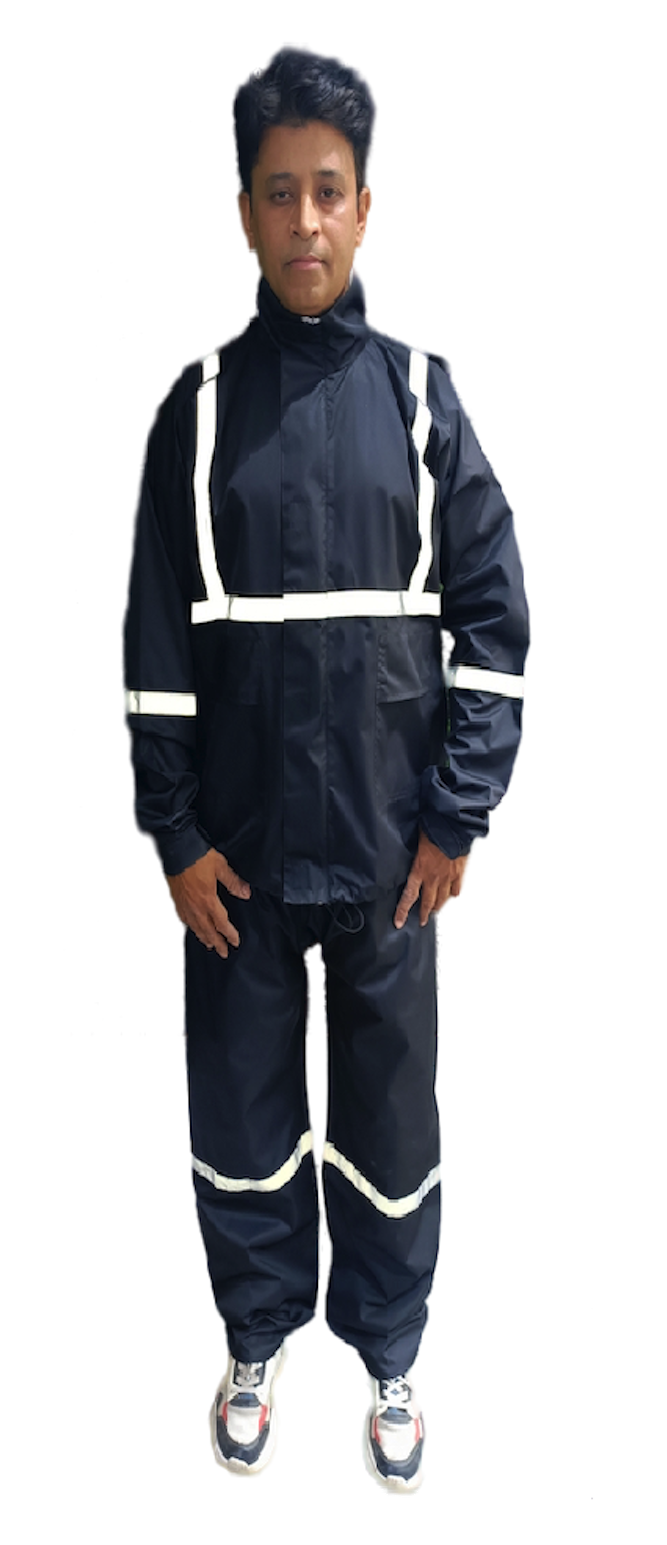 Reflective Navy Blue  Rainsuit with Integrated Hood