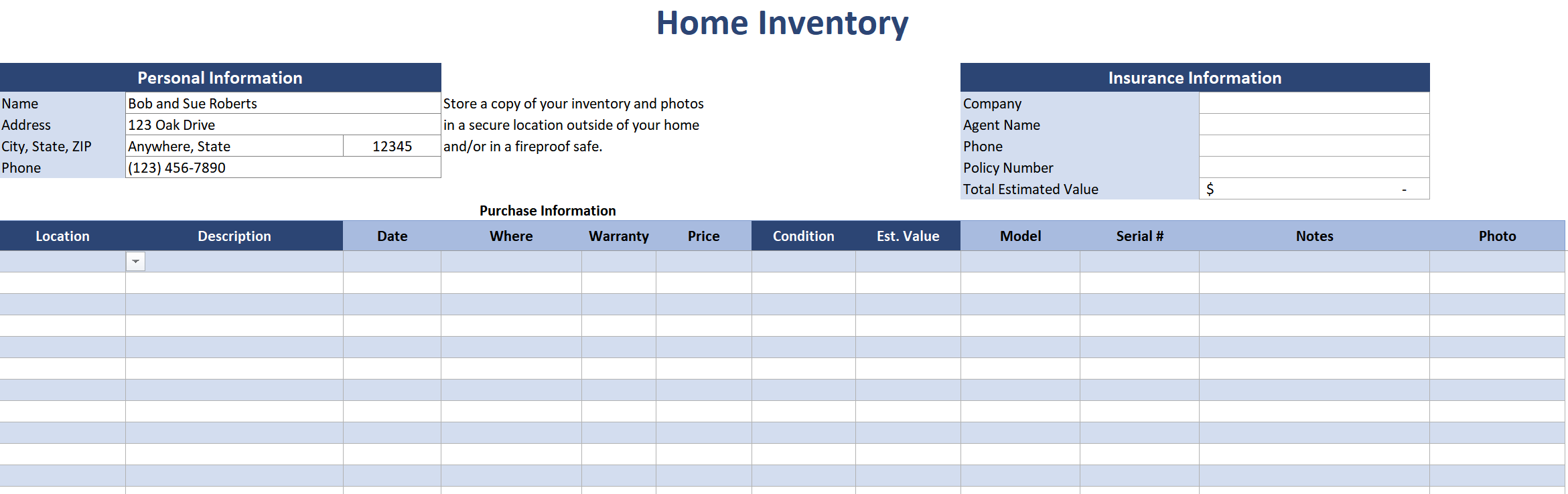 Home Inventory Spreadsheet
