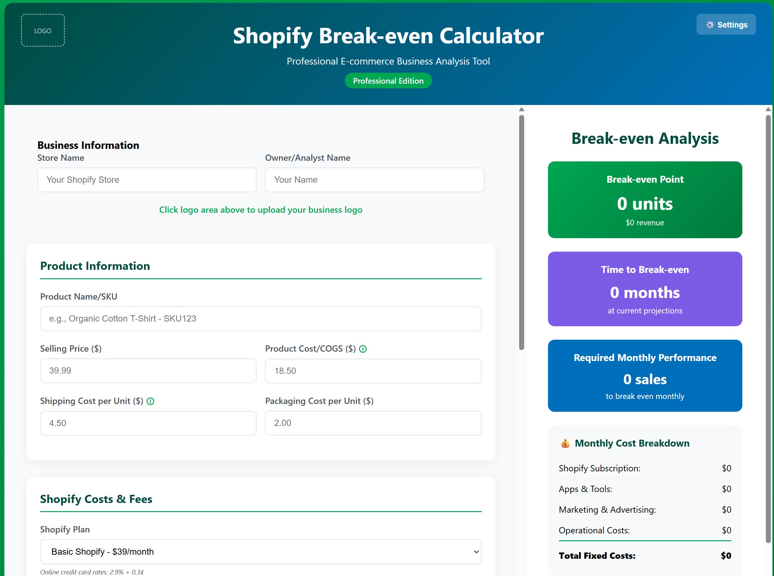 Shopify Breakeven Analysis Calculator