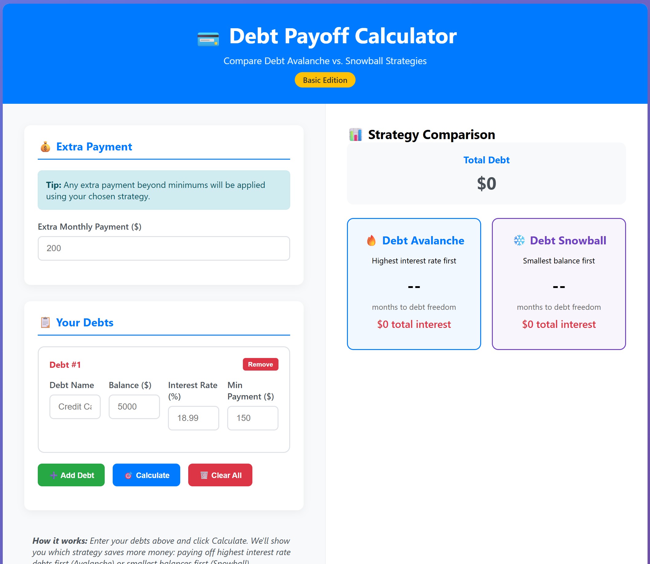 Debt Payoff Calculator - Basic Edition