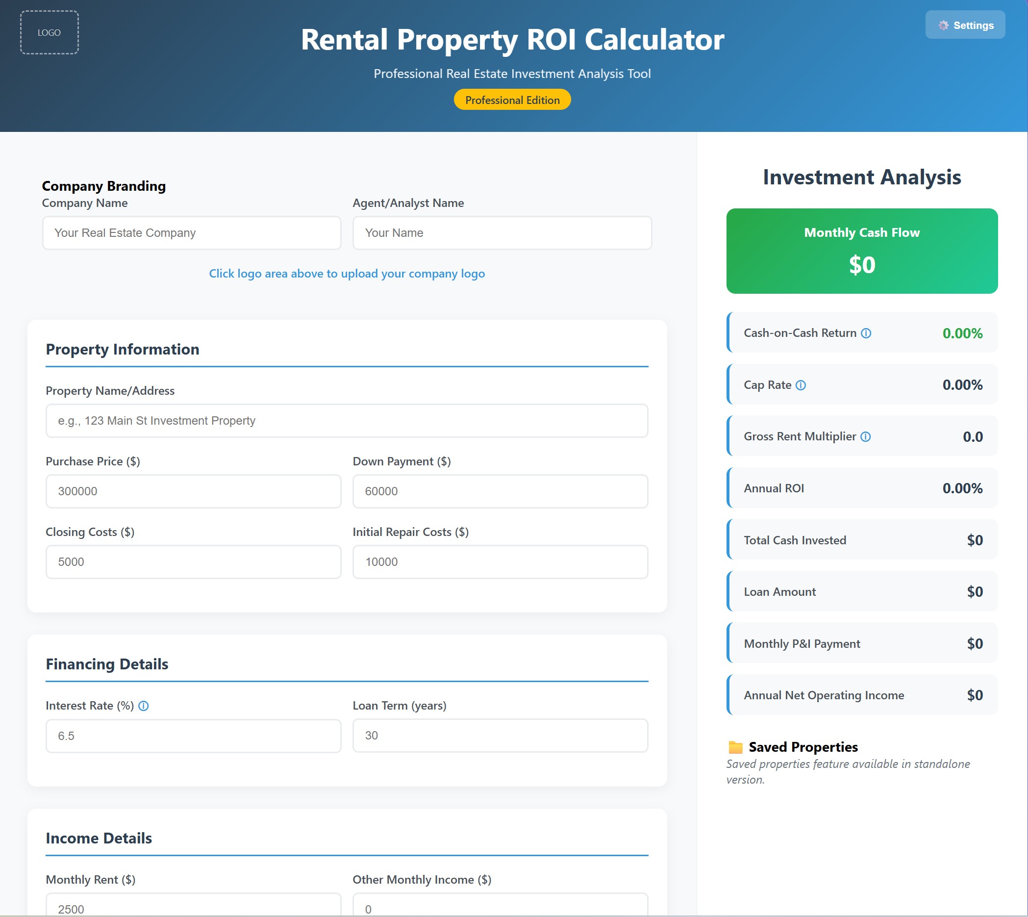 Rental Property ROI Calculator - Pro Edition