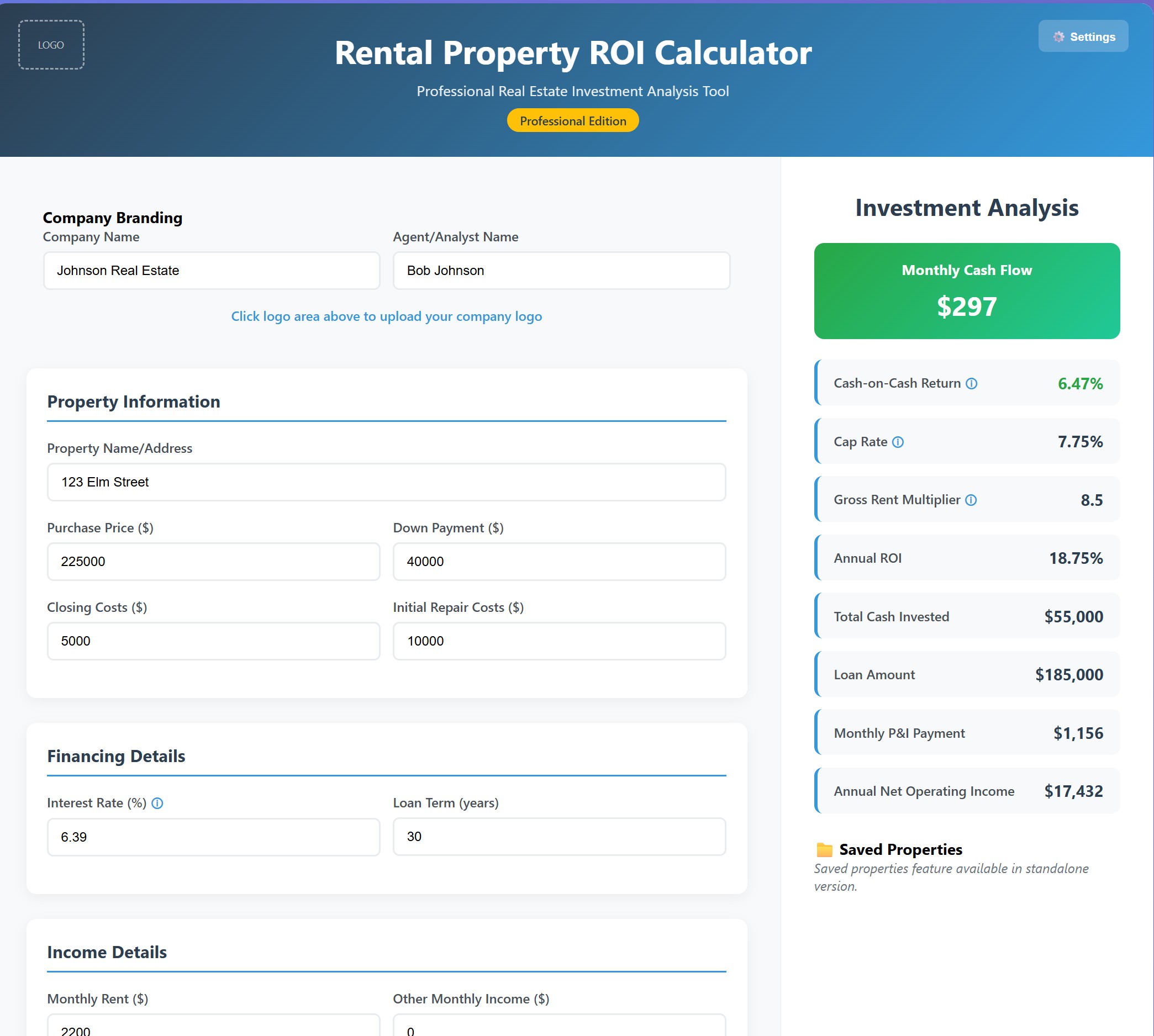 Rental Property ROI Calculator - Pro Edition