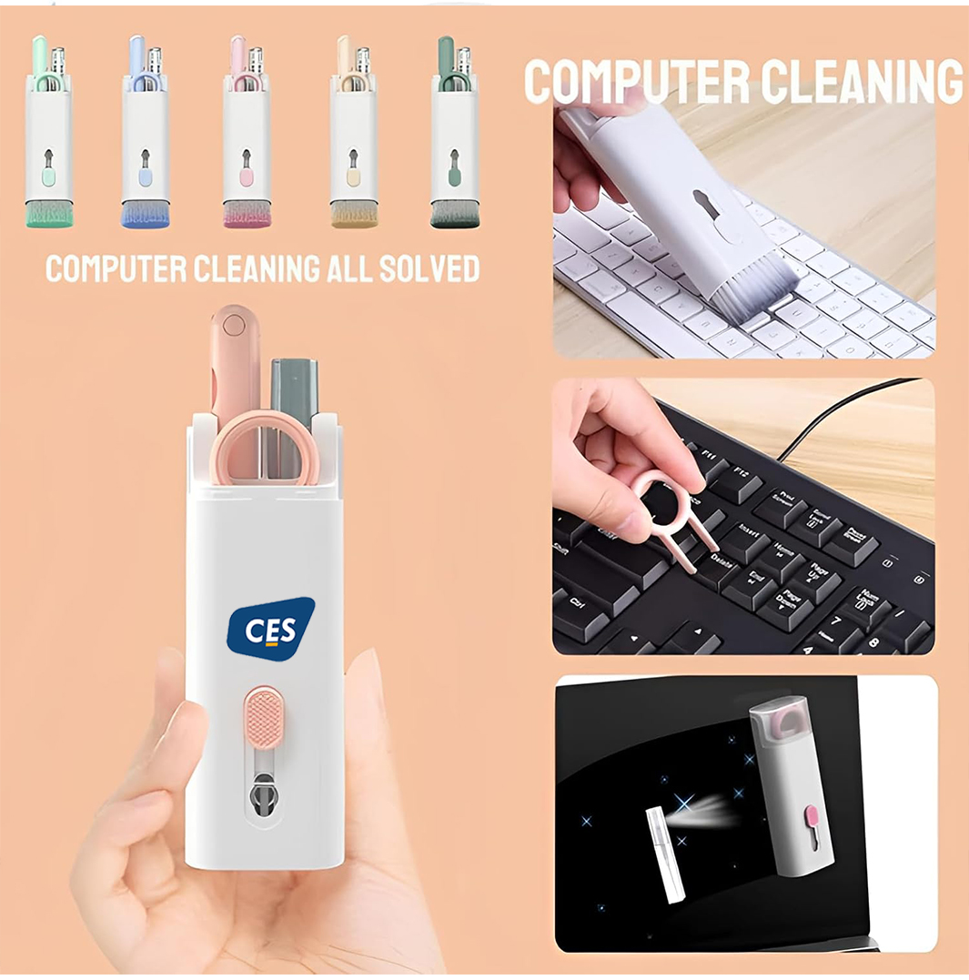 7 in 1 Keyboard Cleaning Brush Kit, Multifunctional Keyboard Earphone Cleaner Tools with Flannel Sponge, Spray Bottle, Keycap Buckle, High-Density Brush and Cleaning Pen