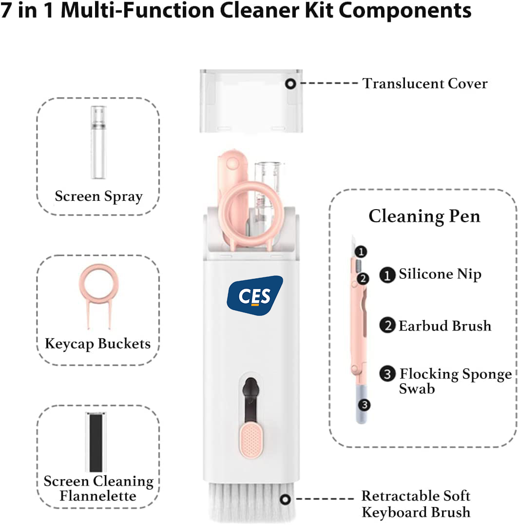 7 in 1 Keyboard Cleaning Brush Kit, Multifunctional Keyboard Earphone Cleaner Tools with Flannel Sponge, Spray Bottle, Keycap Buckle, High-Density Brush and Cleaning Pen