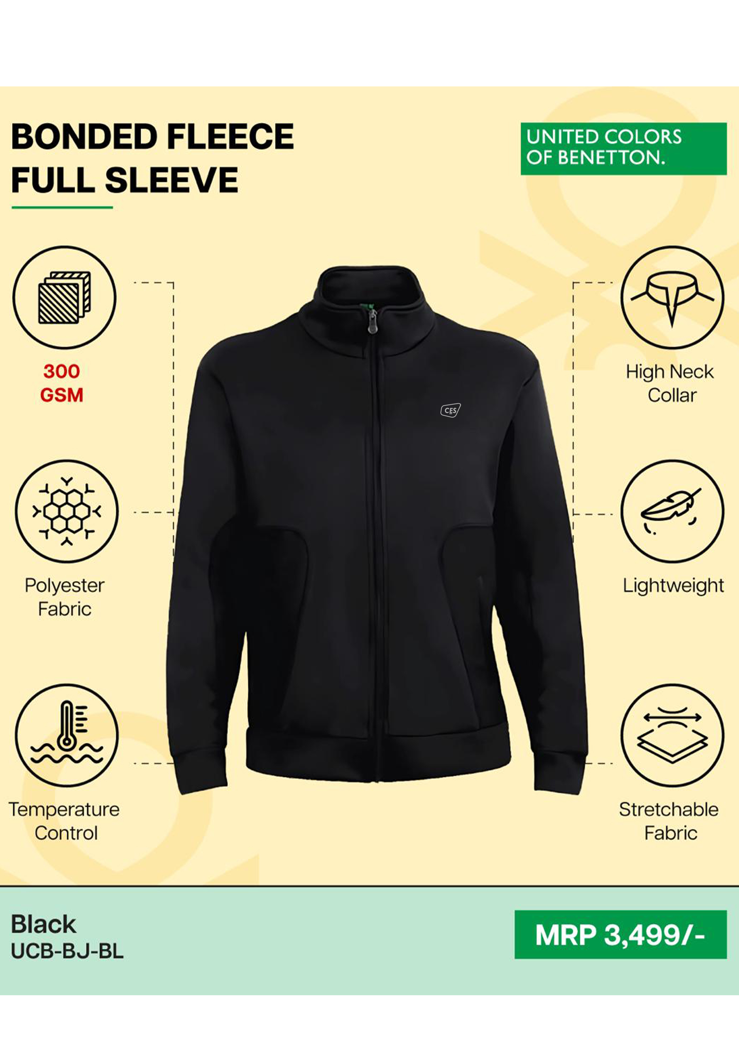 BENETTON FULL SLEEVE BONDED JACKET - UCB-BJ-BL (BLACK)