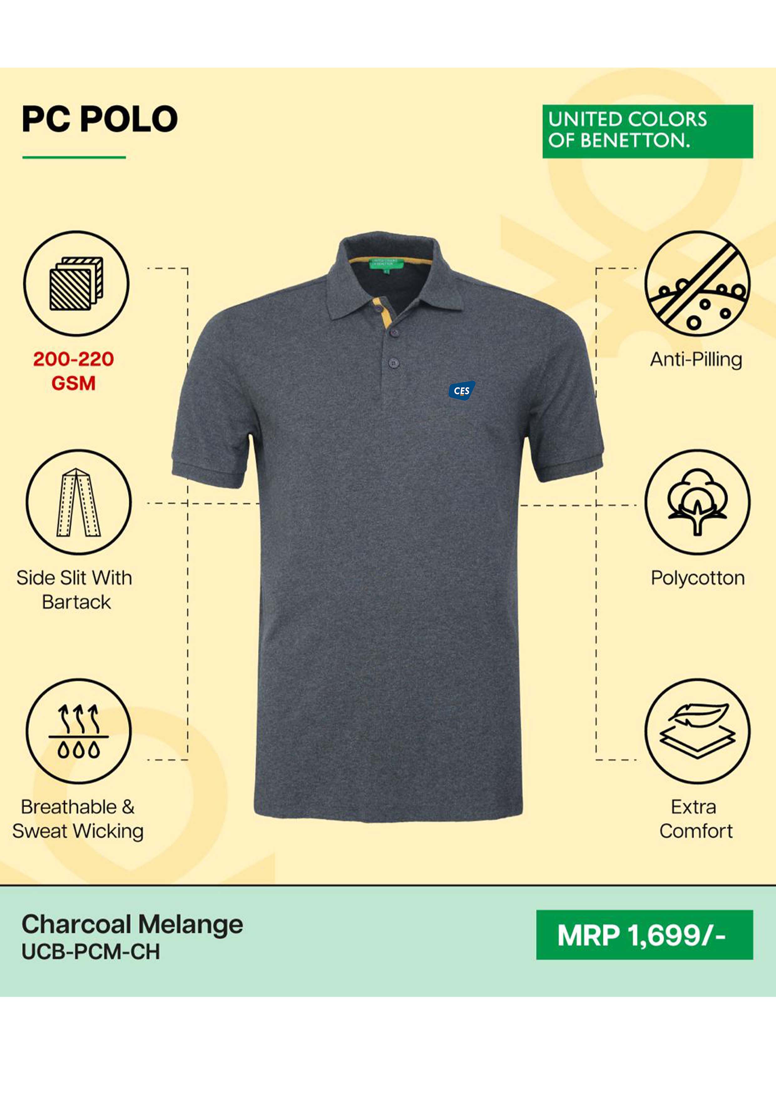 BENETTON - UCB- MEN'S PC POLO - UCB-PCM-CH CHARCOAL MELANGE