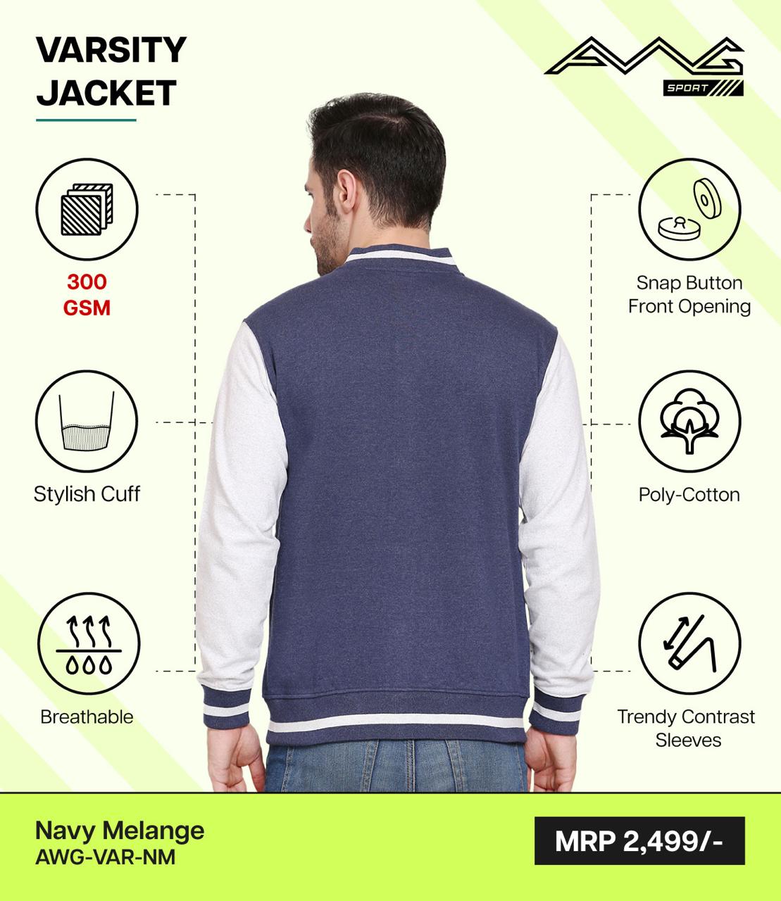 JACKETS - AWG - VARSITY JACKET - AWG-VAR-BL (NAVY MELANGE)