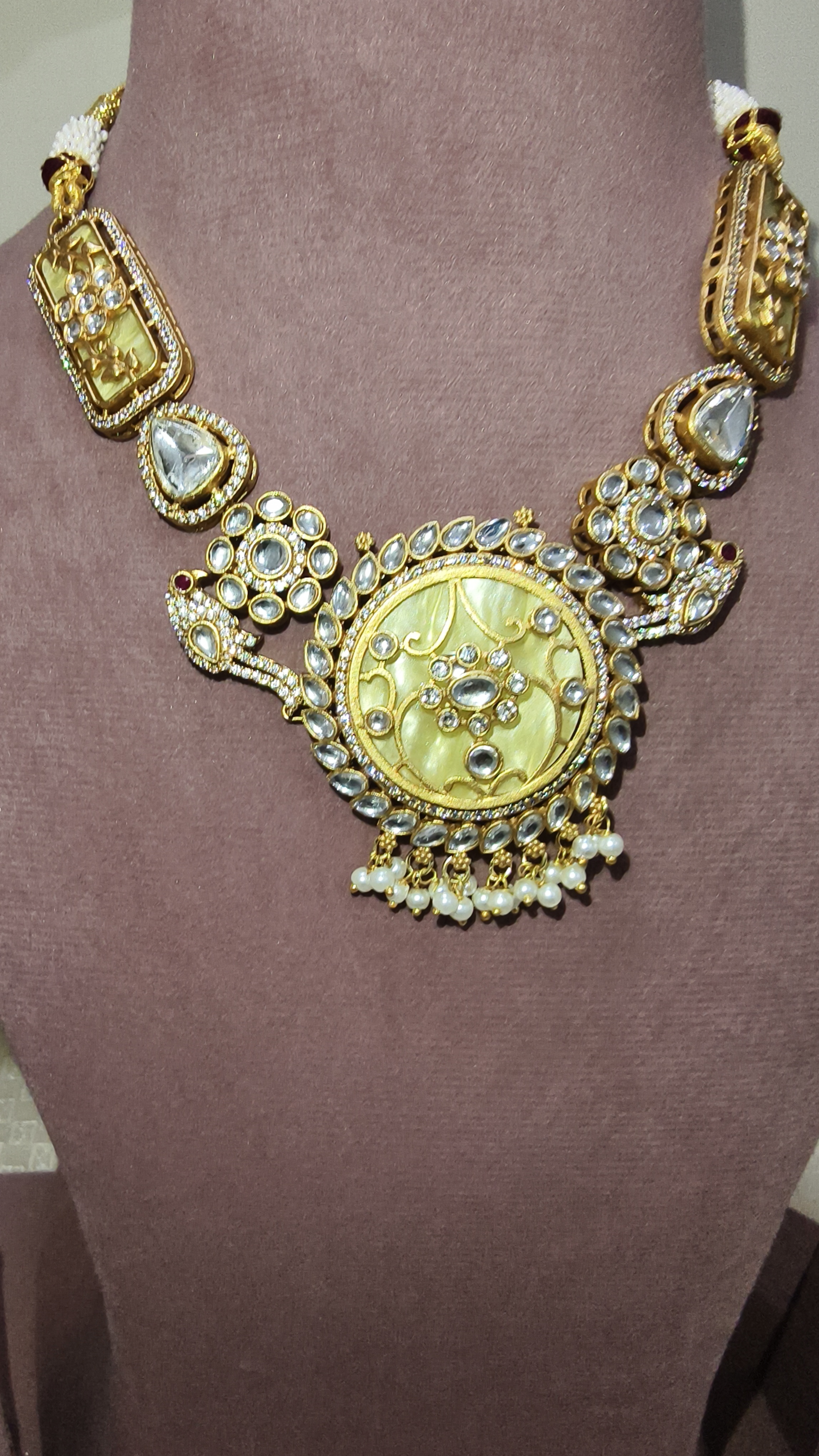 Kundan, MOP, AD stone Fusion Gold Necklace Set